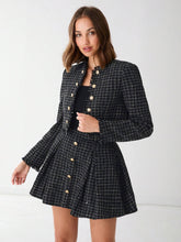 Enchnt Autumn Romantic Women's Black Plaid Elegant Fashionable Metal Buttons Decor Plaid A-Line Tweed Skirt,Fall Women Clothes